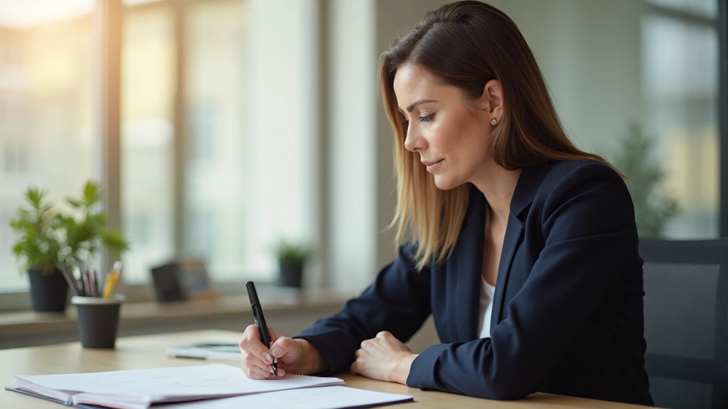 Vrouw in professioneel kantoor werkt zelfverzekerd aan haar persoonlijke doelen
