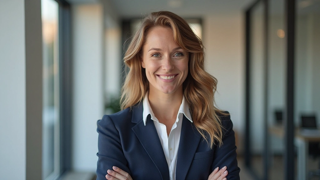 Vrouw in professioneel kantoor werkt vol zelfvertrouwen aan haar doelen